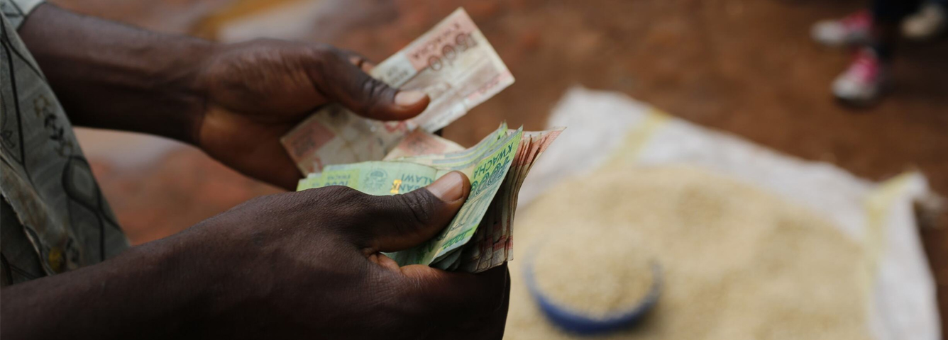 A Malawian trader counts money as he sells maize near the capital Lilongwe, Malawi February 1, 2016. 